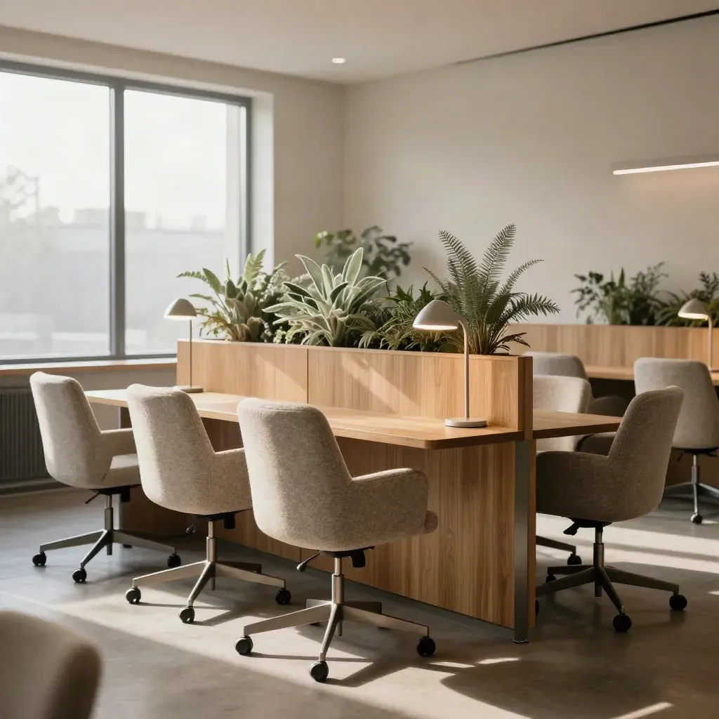 Five empty office chairs beside glowing task lamps and an oak planter in a bright modern workspace