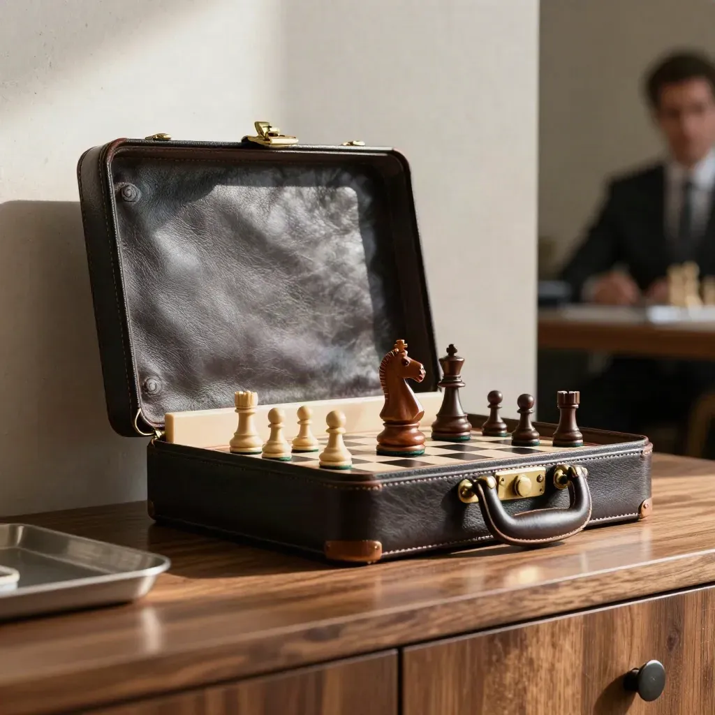 Leather portfolio, brass seal and chess knight on walnut credenza in a refined executive-search still life