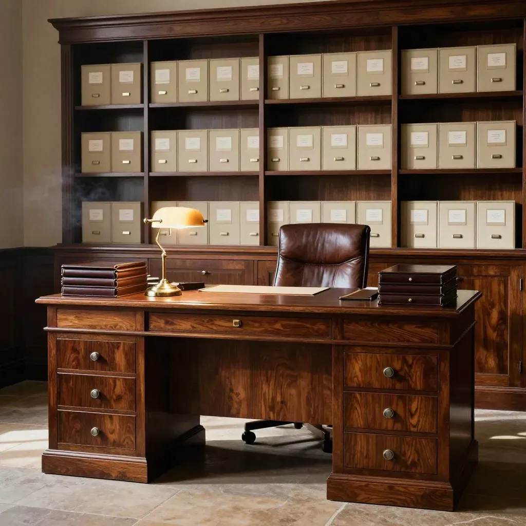Dark oak finance suite with banker lamp, ledger trays, safe drawer and aligned file boxes.