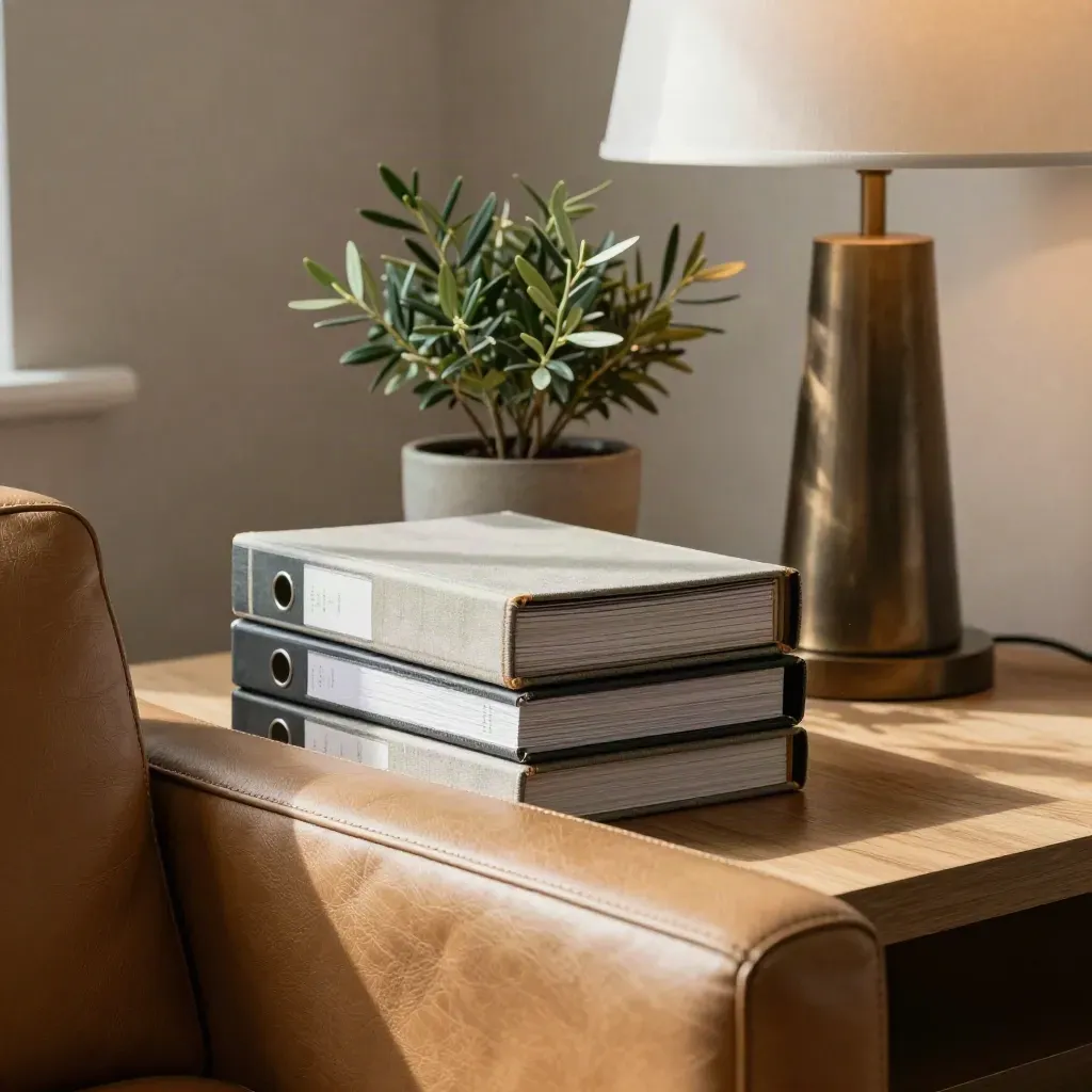 Sunlit executive armchair corner with closed binders, lamp and plant in a finished office nook.