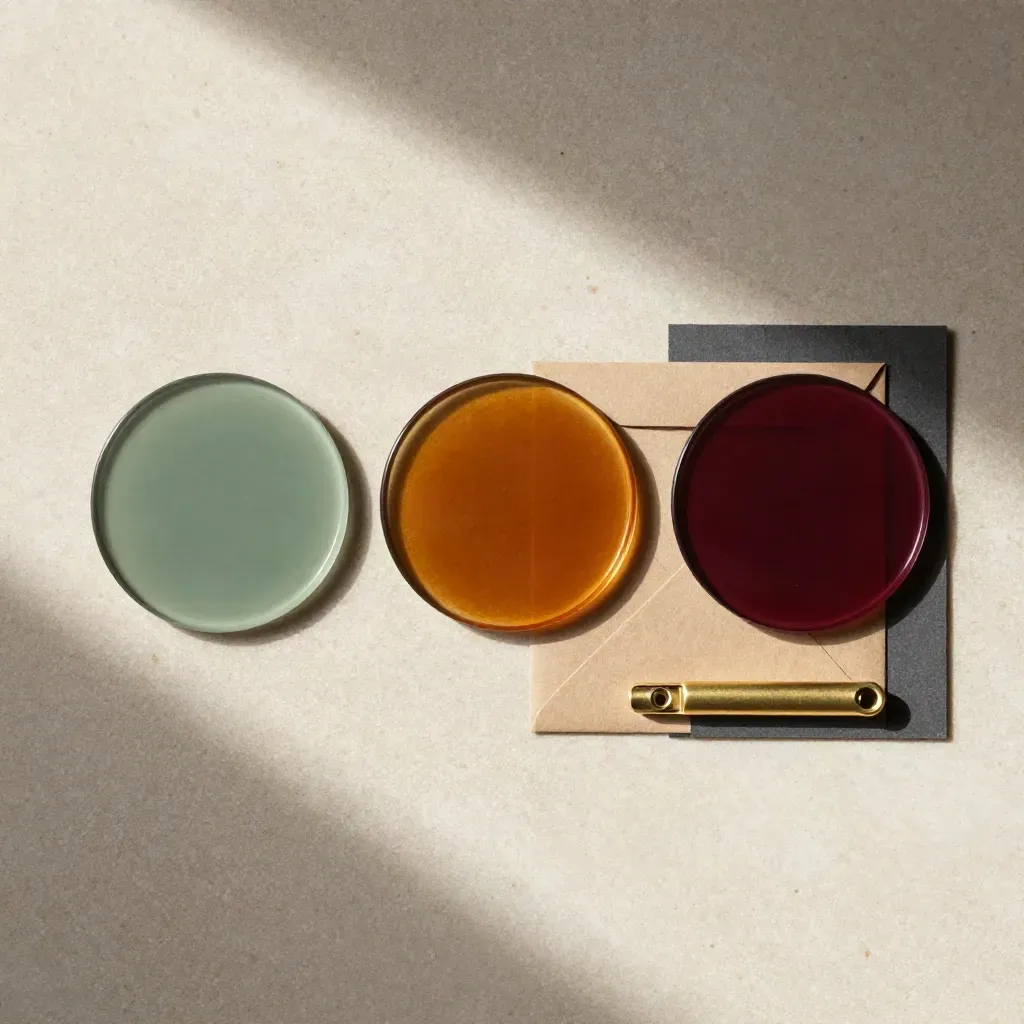 Overhead flatlay of glass CV triage discs, sealed envelope and brass clip on pale stone.